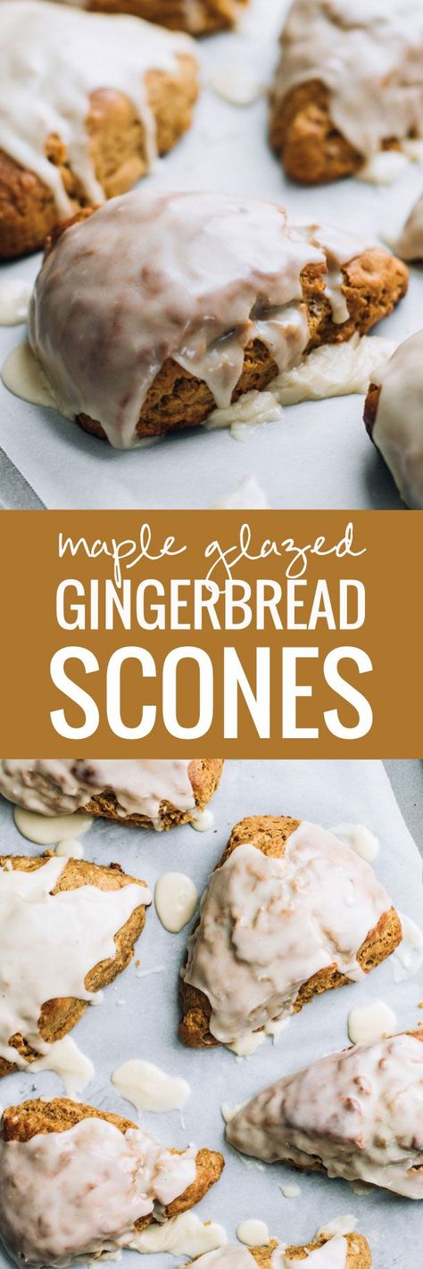 Maple Glazed Gingerbread Scones - the most cozy winter breakfast treat, especially perfect with a mug of hot coffee! Glazed Gingerbread, Gingerbread Scones, Apple Scones, Winter Breakfast, Vegan Gingerbread, Pane Dolce, Holiday Foods, Läcker Mat, Think Food