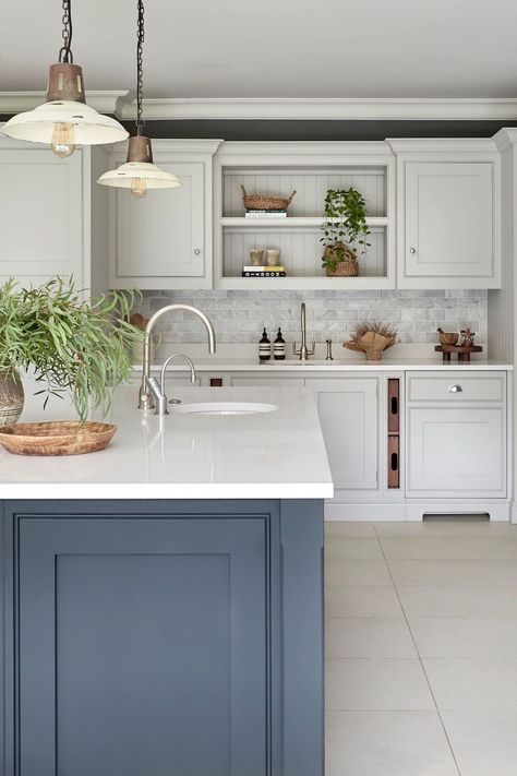 Blue Paint Ideas, House Nine Design, Kitchen With Blue Cabinets, Traditional Farmhouse Kitchen, Blue Kitchen Designs, Kitchen Cabinet Color, Grey Blue Kitchen, Blue Farmhouse, Patterned Tile Backsplash