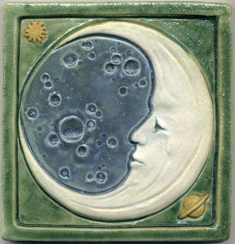 Man In The Moon, Art Nouveau Tiles, Art Tile, In The Moon, 3d Studio, Celestial Art, Clay Tiles, Tile Murals, Ceramics Projects