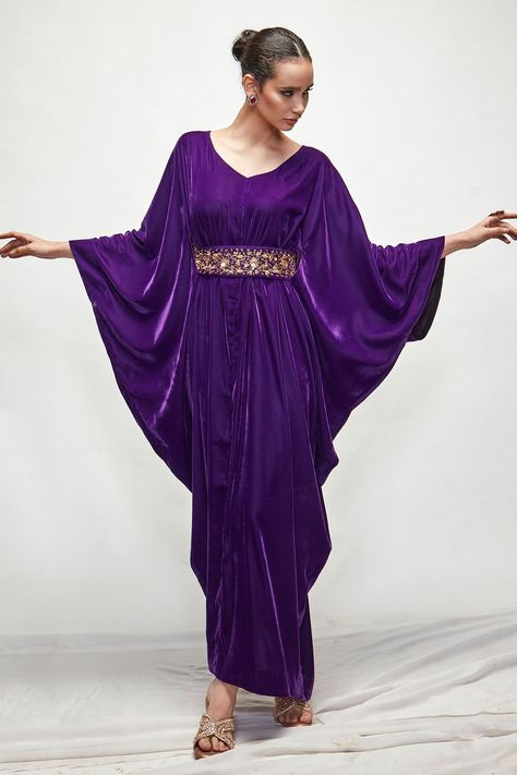 Buy Ranian Purple Cowl Draped Velvet Kaftan Online | Aza Fashions