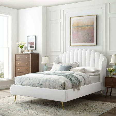 Lana Queen Performance Velvet Wingback Platform Bed-MOD-6282 Update your master bedroom or guest suite with comfortable sleep and elegant style with the Lana Performance Velvet Queen Platform Bed. A modern twist on a classic wingback tufted bed, the queen headboard of this platform bed features beautiful channel tufting with an arching scalloped design. The queen headboard and siderails of this wingback bed are upholstered in soft, stain-resistant performance velvet and feature dense foam paddin Low Profile Platform Bed, Tufted Bed, Queen Platform Bed, Velvet Bed, Modway Furniture, Decoration Inspiration, Platform Bed Frame, Upholstered Platform Bed, Modern Bed