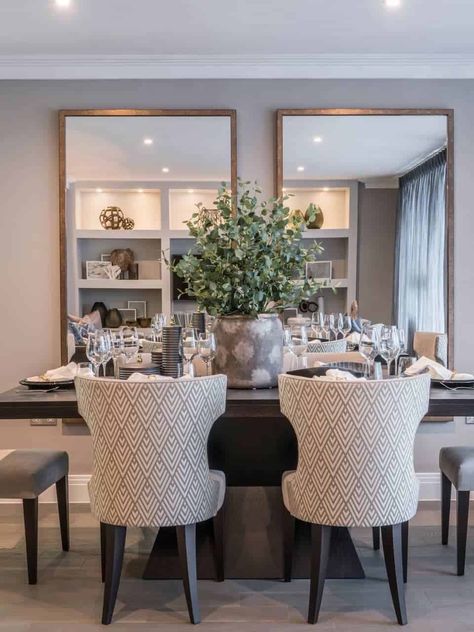 Gray Dining Room Ideas Modern, Alexander James Interiors, Mirrors In Dinning Rooms, Dinning Room Mirrors, Dining Rooms With Mirrors, Dining Room With Mirrors, Dining Table Mirror Wall, Dining Room With Mirror Wall, Mirrors In Dining Room Ideas