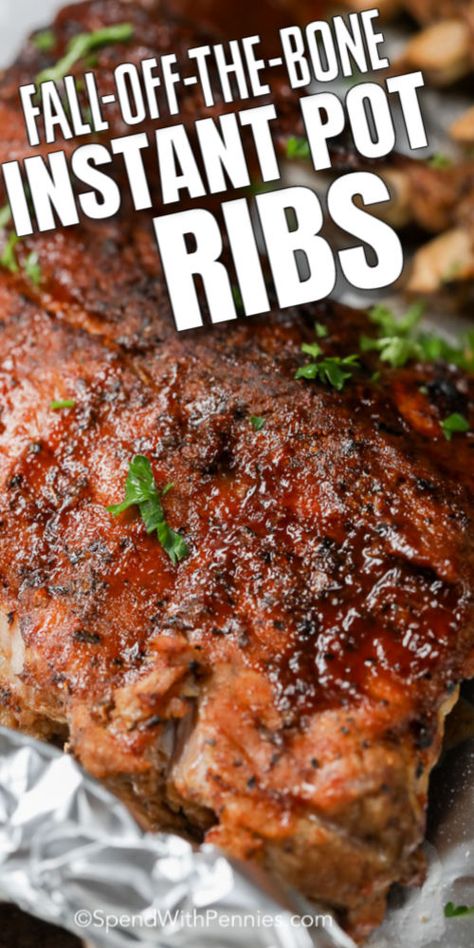 Instant Pot Ribs are the most tender, succulent, fall-off-the-bone ribs I’ve ever had!Not only are they delicious, they’re so easy to make and  are so fast to make compared to my usual ribs!We sauce these up with our favorite BBQ sauce or even just salt & pepper them for a dry rib that is out of this world! Instant Pot Ribs Recipe, Instant Pot Ribs, Instant Pot Pasta Recipe, Pork Rib Recipes, Spend With Pennies, Instant Pot Pork, Best Instant Pot Recipe, Instant Pot Soup, Instant Recipes