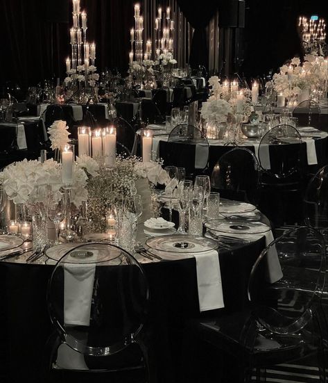 Mafia Weeding Aesthetic, Pre Reception Ideas, Black And White Wedding Venue Ideas, Dark Debut Theme, Black Color Theme Wedding, Black Theme Wedding Receptions, Black And Silver Wedding Reception, Black And Silver Themed Wedding, Anna Wang Wedding