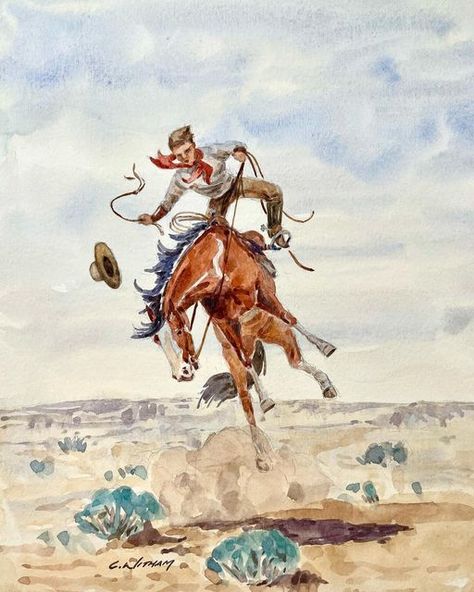 Old Horse Paintings, Western Watercolor, Western Wallpapers, Cowboy Painting, Cowboy Artwork, Sketchbook Challenge, Horse Paintings, Cowboy Aesthetic, Girl Drawings