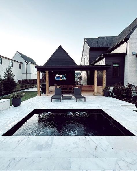 House Backyard Pool, Inground Hot Tub, Family Yard, Pool Surround, House Paint Colors, Black Pool, Shoji White, Iron Ore, Black And White Marble