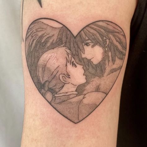 Howls Moving Castle Tattoo Design, Howl And Sophie Tattoo, Howl And Sophie Line Art, Howls Moving Castle Tattoo Color, Howls Moving Castle Heen Tattoo, Bowels Moving Castle Tattoo, Sophie Holding Calcifer Tattoo, Howl's Moving Castle Tattoo, Castle Tattoo