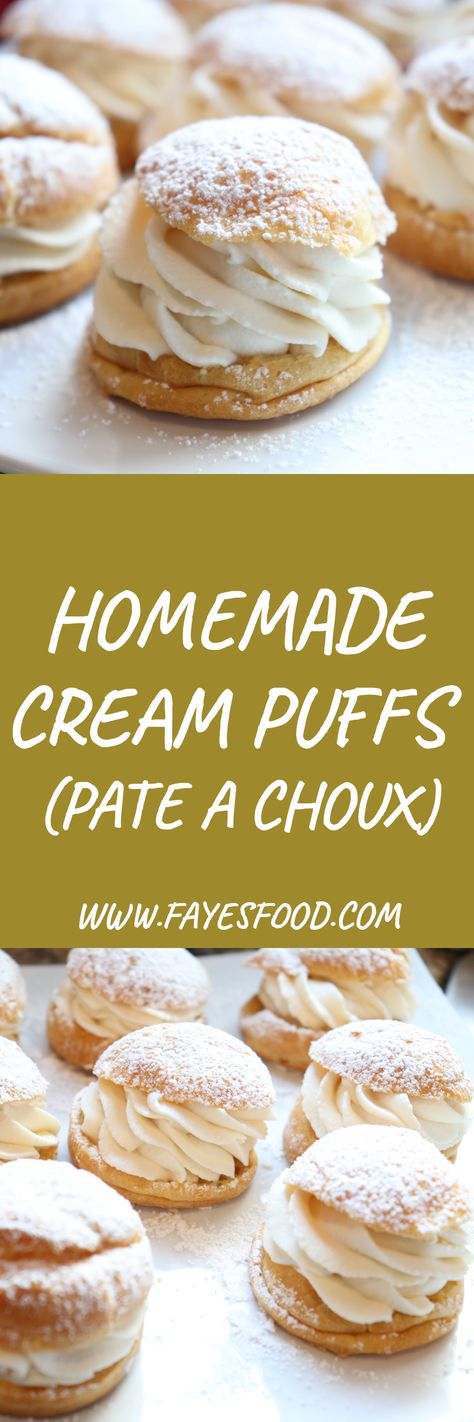 Homemade cream puffs (pate a choux) are easier to make than you think. They only require a few ingredients and what you get is an uber buttery, golden and slightly crispy puff of deliciousness. #creampuffs #creampuffsrecipe #creampuffrecipe #homemadecreampuffs #frenchpastries #frenchpastry #dessertrecipes #dessertideas #pastryrecipes #pastryideas Choux Pastry Recipe, Cream Puffs Recipe Easy, Homemade Cream Puffs, Cream Puffs Easy, Cream Puff Filling, Crockett Doodles, Classic French Desserts, International Desserts, Cream Puff Recipe