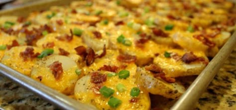 Whether you're lunching, brunching, throwing a party, or just looking to pack as many of your favorite foods into one dish, you can't go wrong with these Cheesy Bacon Potato Bites from Sprinkle Some Sunshine. They're the ultimate in easy-to-make comfort food, and while you won't be winning any dieting awards, you'll be too satisfied to care. Ingredients: - 2 pounds potatoes - 6 slices of bacon, cooked, drained & chopped. Reserve 1 tablespoon of bacon grease. - 2 cups medium cheddar cheese, ... Cheesy Bacon Potato Bites, Cheesy Bacon Potatoes, Bacon Potato, Potato Bites, Cheesy Bacon, Pepper Salt, Football Food, Potato Dishes, Side Recipes