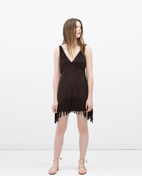 Image 1 of FRINGED DRESS from Zara Suede Fringe Dress, Purple Knit Dress, Zara Short Dress, Fringed Dress, Zara Sale, Suede Mini Dress, Boho Inspo, Fringe Mini Dress, Strappy Mini Dress