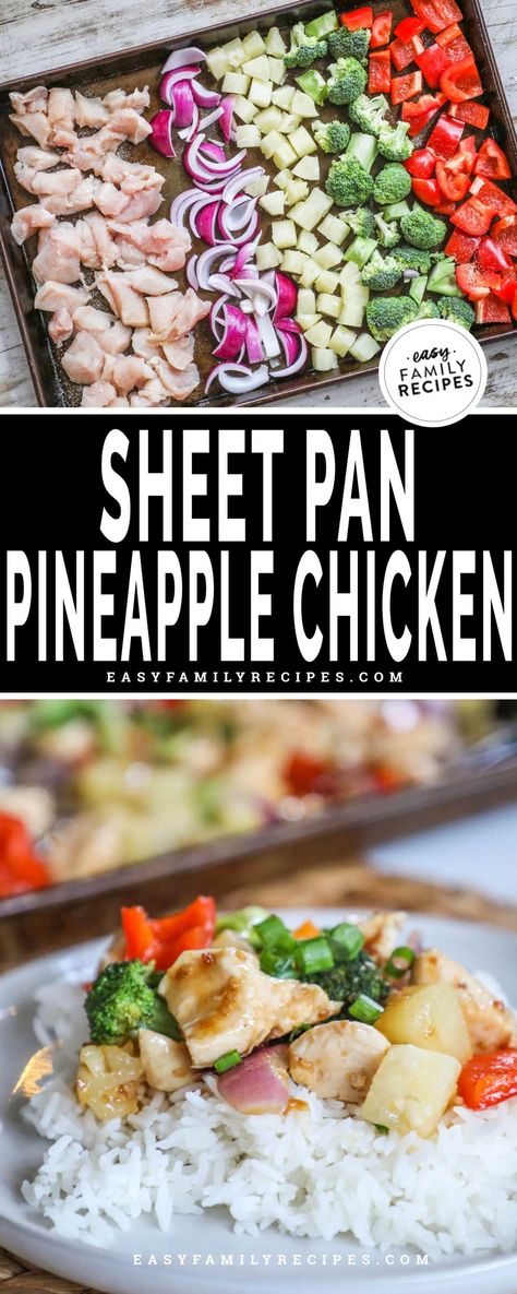 So Good! Even kids will love their veggies! This Baked Pineapple Chicken is a sheet pan meal perfect for busy weeknights. Tender, seasoned chicken bites are roasted on the same pan with veggies and pineapple to make a quick, 30 minute dinner. Then it’s tossed with a sweet teriyaki sauce to create a healthy but kid-friendly meal that’s perfect with rice, tortillas, or a salad. It’s a great sheet pan chicken and vegetable recipe that you can easily customize with your family’s favorite veggies! Pineapple Recipes Healthy, Baked Pineapple Chicken, Rice Tortillas, Chicken And Vegetable Bake, Pineapple Chicken Recipes, Baked Pineapple, Sheet Pan Dinners Chicken, Vegetable Recipe, Sheet Pan Chicken