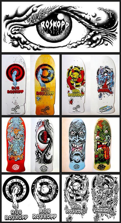 When I was in the 7th grade, this is what I was all about. (SC Rob Roskopp evolution by Jim Phillips) Rob Roskopp, Skateboard Images, Skateboard Graphics, Classic Skateboard, Skateboard Logo, Bones Brigade, Snow Surfing, Old School Skateboards, Skateboard Deck Art