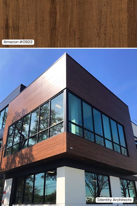 This highly visible office building in Houston, Texas used woodgrain phenolic panels from Fundermax on the exterior walls of the building. Combined with the white and black facade, the Max Compact Exterior phenolic panels invite visitors into EDIFIS Group office building. Visit our website for more project information and images: https://fundermax.us/projects/edifis-offce-building/ Fundermax Exterior, Black Facade, Rainscreen Facade, Group Office, Commercial And Office Architecture, Office Architecture, Building Images, Real Estate Office, Commercial Office