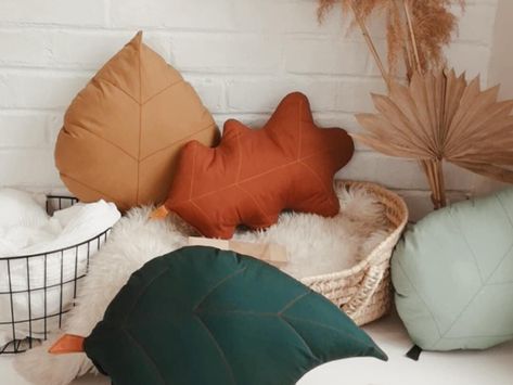 Terracotta Nursery, Forest Themed Nursery, Orange Nursery, Woodland Bedroom, Leaf Cushion, Leaf Pillow, Montessori Playroom, Pillow Green, Forest Baby