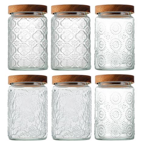 PRICES MAY VARY. Wood 【HIGH QUAALITY MATERIAL】Vintage glass storage jar is made of food-grade premium thick glass, lead-free glass, non-toxic, all the glass jars are heavy duty, sturdy and thick, as well as decorative. These canisters help save space and keep your kitchen neat and organized, The glass canisters is dishwasher, microwave and refrigerator safe, the lid is not machine washable, just wipe it with a damp rag. 【STRONG SEALING】The cover is made of high-quality natural wood, The sealing Tea Coffee Sugar Canisters, Airtight Storage, Tea Jar, Tea Storage, Glass Jars With Lids, Glass Storage Jars, Glass Canisters, Glass Food Storage, Glass Food Storage Containers