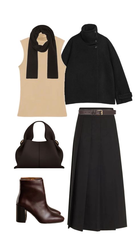 Espresso girl minimalist office siren outfit working girl outfit for fall arket coat bobbies brown ankle boots cos brown belt rohe skirt polene bag zapa dark brown scarf rohe sleeveless turtleneck Arket Coat, Leather Midi Skirt Outfit, Espresso Girl, Siren Outfit, Polene Bag, Working Girl Outfits, Corporate Outfit, Office Siren, Outfit For Fall