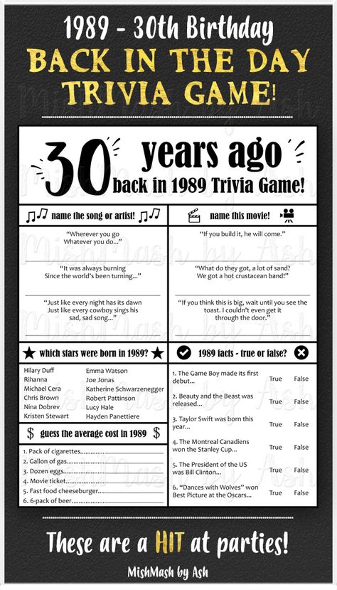 We played this at my husband's birthday party and it was so fun! Super easy to print off a bunch for our guests. It comes with an answer key, too, which is handy! The prize was a gift basket full of yummy candy, scratch tickets and little shooters. Perfect party game! #30thbirthdaypartyideas #30thbirthdaypartygames #30thbirthdaypartydecorations #30thbirthdaypartyideas #30thbirthdaypartythemes #backin1989 #30thbirthdaysign #30thbirthdayposter 1993 Birthday Party Ideas, 30th Bday Party Games, Party Like Its 1993, 30th Party Games, 30th Birthday Party Activities, Games For 30th Birthday Party, 30 Birthday Games, Dirty Thirty Gift Basket, 30th Surprise Birthday Party For Him