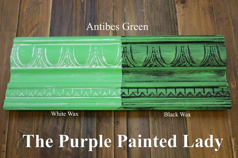 The Purple Painted Lady - Two coats of Antibes Green Chalk Paint® by Annie Sloan. Then- ONE coat of Clear wax over the ENTIRE board. ONE coat of White Wax on the left and ONE coat of Black Wax on the right. Chalk Paint Furniture Dresser, Purple Painted Lady, Green Chalk Paint, Anne Sloan, Annie Sloan Chalk Paint Colors, Distressing Furniture, Annie Sloan Paint Colors, Antibes Green, Annie Sloan Wax