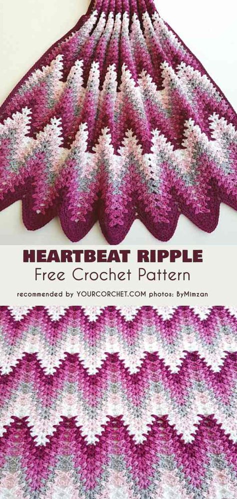 Heartbeat Ripple Blanket Free Crochet Pattern #freecrochetpatterns #crochetblanket #crochetafghans Interesting Crochet, Afghan Crochet Patterns Easy, Crochet Ripple Afghan, Crochet Ripple Pattern, Ripple Blanket, Design Crochet, Crochet For Beginners Blanket, Beginner Crochet Projects, Manta Crochet