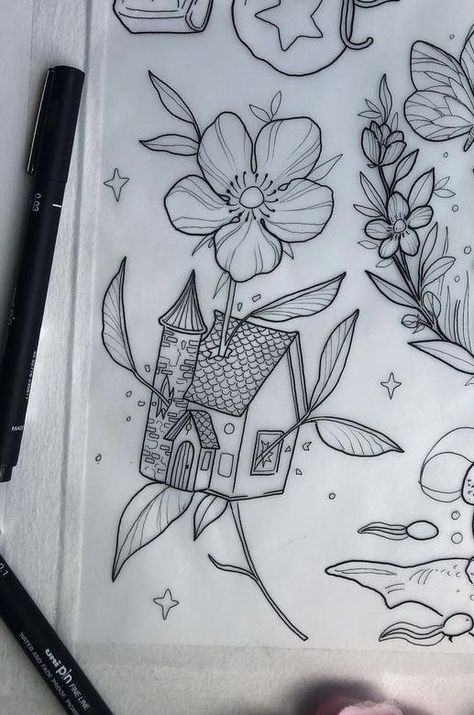 Cottagecore Line Art, Woodlands Tattoo, Small Neotraditional Tattoo, Neotraditional Tattoo Flash Art, Floral Tattoo Stencil, Cer Nocturn, Abstract Tattoo Ideas, Whimsical Tattoos, Tattoos Infinity