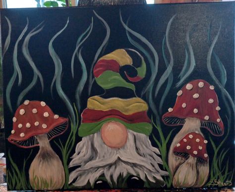 Gnome Painting Acrylic, Gnome Mushroom Painting, Gnome And Mushroom Painting, Gnome Painting Ideas On Canvas, Rasta Gnome, Gnome Painting Canvas Diy, Rasta Painting, Easy Mushroom Painting, Gnomes Painting