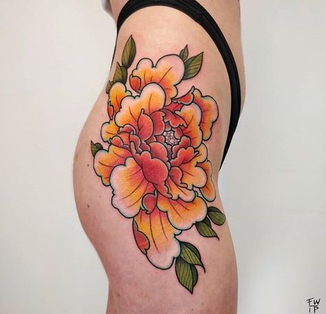 Orange Peony Tattoo, Yellow Peony Tattoo, Traditional Peony, Japanese Tatto, Traditional Japanese Tattoo Flash, Mum Tattoo, Traditional Tattoo Flowers, Peony Tattoo, Tattoo People