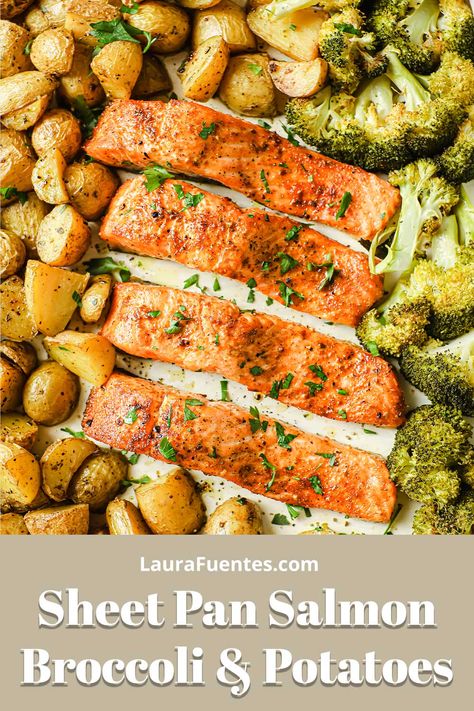 Salmon Recipes Baked Potatoes, One Sheet Pan Salmon And Veggies, Salmon With Roasted Potatoes, Sheet Pan Salmon Broccoli And Potatoes, Salmon Broccoli Potatoes, Salmon Pan Sheet Recipes, One Pan Salmon And Broccoli, Sheet Pan Dinners With Fish, Salmon Potatoes Recipes