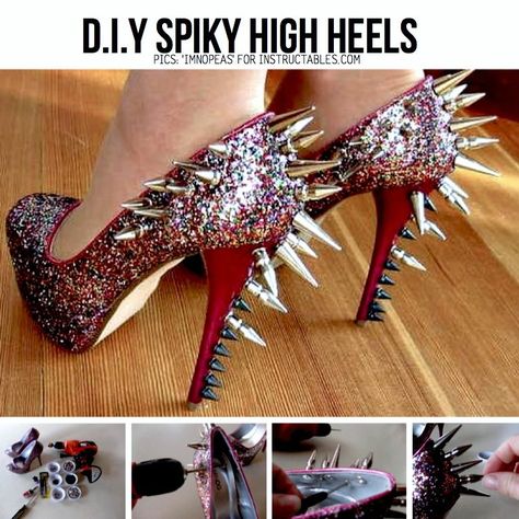 DIY Spike Heels Diy High Heels, Spiked Shoes, Diy Heels, Neon Heels, Shoe Makeover, Fake Cupcakes, Spike Shoes, Shoe Shine, Old Shoes