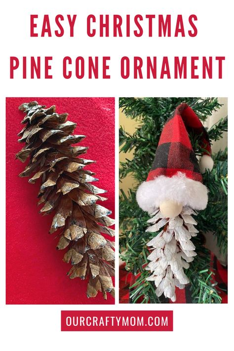 Make the cutest DIY pine cone gnome Christmas ornaments with dollar store supplies. It's a quick and easy craft that kids can also make. Get the step-by-step tutorial. #ourcraftymom #pineconeornaments Mini Pinecone Ornaments, Pinecone Tree Ornaments, Pinecone Ornaments Diy, Pine Cone Ornaments Diy, Gnome Projects, Gnome Christmas Ornaments, Pine Cone Ornaments, Pinecone Art, Cone Ornaments