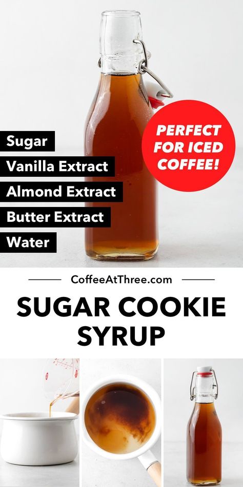 Make your morning coffee taste just like a sugar cookie with this sweet and aromatic syrup. The Starbucks copycat recipe takes less than 5 minutes to recreate at home. #simplesyrup #starbuckscopycat #sugarcookiesyrup Sugar Cookie Syrup, Sugar Free Syrup Recipe, Homemade Sugar Cookies Easy, Syrup For Cocktails, Flavored Iced Tea Recipes, Homemade Coffee Syrup, Healthy Sugar Cookies, Syrup Recipes, Homemade Sugar Cookies