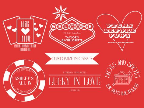 She's lucky in love in Vegas! Check out this beautiful set of logos, perfect for your bride to be's last bash! Purchase this pack for all 6 logos, that can be utilized for anything from invites to koozies to custom bags for all the girlies! When you purchase this digital download, you will get a link to Canva to make all the edits you want, and you receive all 6 logos for the price of one! Making your planning process effortless and fun! Happy planning! Vegas Now Vows Later, Vegas Themed Bachelorette Party, Lucky In Love Bachelorette Party, Vegas Earrings, Bachelorette Logo, Las Vegas Bachelorette, Vegas Bachelorette Party, Vegas Fun, Vegas Theme