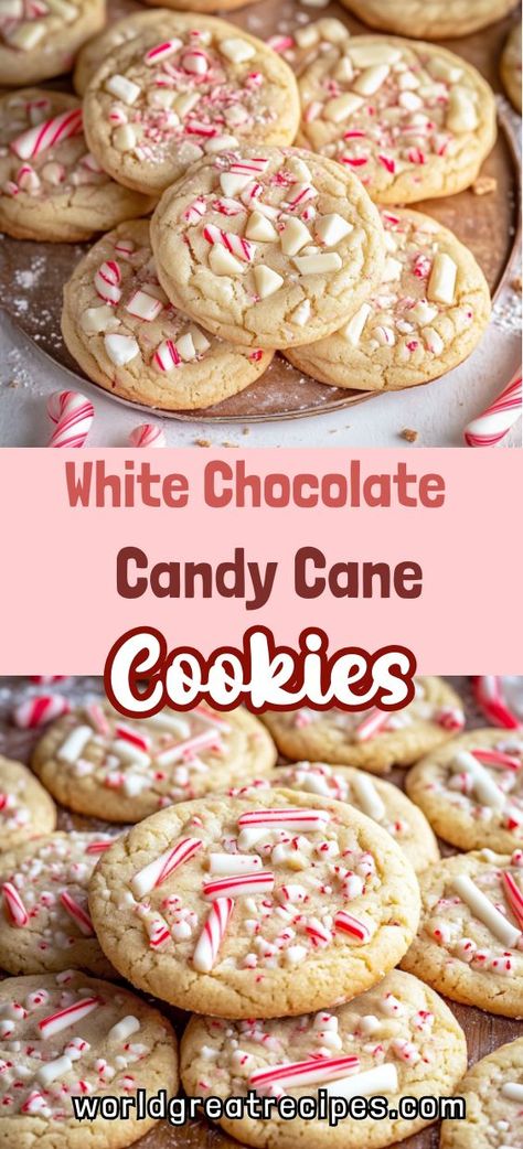 These white chocolate candy cane cookies are the perfect holiday treat! With creamy white chocolate, crushed candy canes, and a soft, chewy texture, these cookies are a delightful mix of flavors. The festive candy cane pieces add a crunchy, minty twist to the rich sweetness of the white chocolate. Whether you're baking for a holiday party or gifting homemade goodies, these white chocolate candy cane cookies will spread cheer with every bite. White Chocolate Ting A Lings Recipe, Easy Christmas Treats For Party, Gingerbread And White Chocolate Cookies, Candy Cane Baked Goods, White Chip Cookies Recipes, Vanilla Wafer Cookies Ideas, Christmas Cookies Recipes Candy Cane, Oreo Candy Cane Cookies, Candy Cane Chocolate Cookies