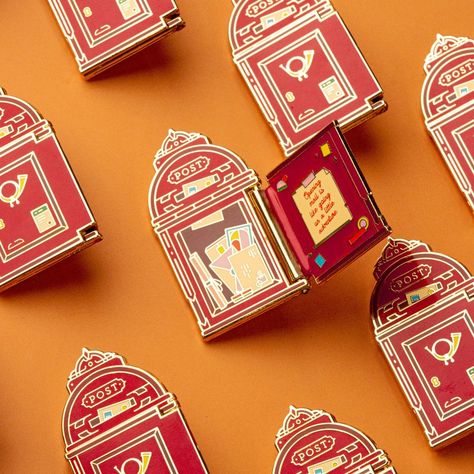 Unique Box Packaging Design, Card Keychain, Enamel Pin Packaging Ideas, Unique Handmade Collectible Enamel Pin, Enamel Pin, Enamel Pin Packaging Cards, Red Enamel Pin Gift, Stamp Enamel Pin, Sending Mail