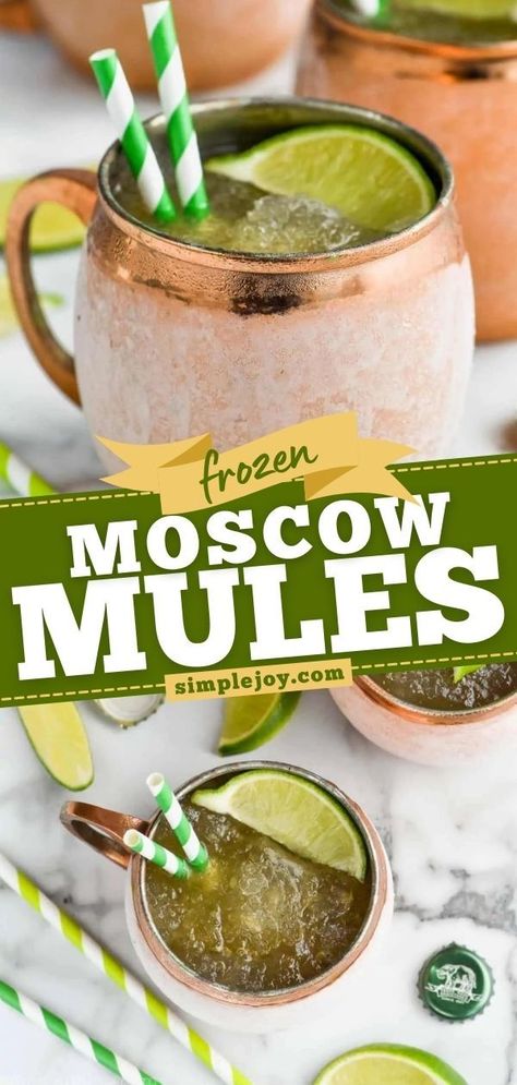 Frozen Moscow Mules, easy summer drinks, cocktail recipes Non Alcoholic Moscow Mule Recipe, Moscow Mule Batch Recipe, Blue Moscow Mule, Batch Moscow Mule, Frozen Moscow Mule Recipe, Frozen Juice, Frozen Limeade, Moscow Mules, Moscow Mule Recipe