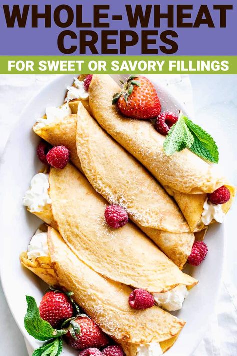 These whole-wheat crepes are so easy to make at home and can be filled with a wide variety of sweet or savory fillings. They are made with whole-wheat flour for added nutritional benefits. They make a great addition to a healthy brunch, breakfast or even dinner. Whole Wheat Crepes Healthy, Whole Wheat Crepe Recipe, Whole Wheat Crepes, Savory Crepes Filling, Healthy Crepes, Crepe Bar, Most Pinned Recipes, Crepes Filling, Sweet Crepes