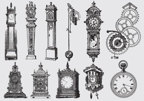 Set of old style drawing clocks for your mechanic projects, clock publications or time topics in your designs. Old Style Drawing, Vintage Clock Tattoos, Time Piece Tattoo, Clock Drawings, Antique Appraisal, Clock Tattoo Design, Geometric Tattoo Arm, Pieces Tattoo, Clock Tattoo