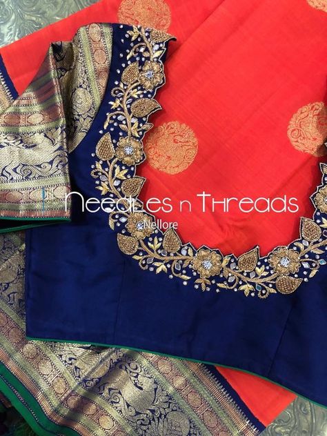 Jardoshi Work Design Blouse, Simple Maggam Work Blouse, Simple Maggam Work, Magam Work, Blue Blouse Designs, Work Blouse Designs, Maggam Work Blouse, New Saree Blouse Designs, Backless Blouse Designs