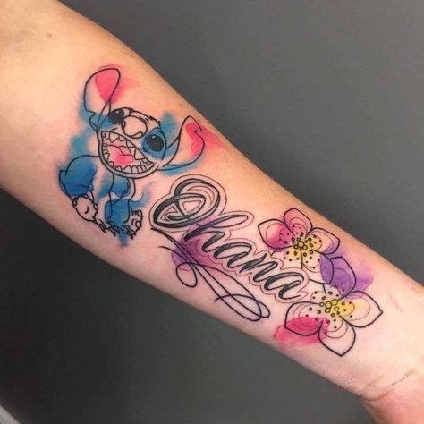 Serious Tattoos, Surf Bathroom, Disney Watercolor Tattoo, Cute Disney Tattoos, Flow Tattoo, Watercolour Water, Stitch Watercolor, Disney Stitch Tattoo, Lilo And Stitch Tattoo