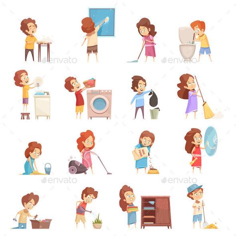 Kids Cleaning Cartoon Icons Set Cleaning Cartoon, Cleaning Drawing, Zestaw Ikon, House Cartoon, Free Icon Set, Learning English For Kids, Flashcards For Kids, Kids Cleaning, Retro Cartoon