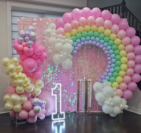 Rainbow Arch Backdrop, Easy Birthday Party Decorations, 5th Birthday Girls, Rainbow Themed Birthday Party, Mickey Mouse Themed Birthday Party, Candy Balloons, Birthday Decorations At Home, Birthday Party At Home, Unicorn Themed Birthday Party