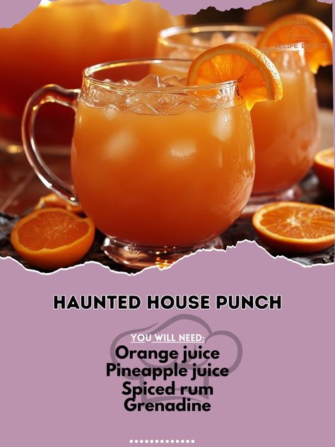 🏚️ Step into the spooky spirit with Haunted House Punch! A thrillingly tasty drink to make your Halloween party unforgettable! 🍹👻 #HauntedHousePunch #HalloweenDrinks Haunted House Punch Ingredients: Orange juice (2 cups) Pineapple juice (1 cup) Spiced rum (1 cup) Grenadine (1/2 cup) Ginger ale (1 cup) Orange slices (for garnish) Ice Instructions: Combine orange juice, pineapple juice, and spiced rum in a pitcher. Stir in grenadine and ginger ale. Serve over ice. Garnish with orange slices... Mixed Drinks With Ginger Ale, Halloween Party Mixed Drinks, Orange Halloween Drink, Easy Mixed Drinks Alcohol 2 Ingredients, Halloween Mixed Drinks, Orange Alcoholic Drinks, Halloween Alcoholic Drinks, Fun Halloween Drinks, Orange Juice Cocktails