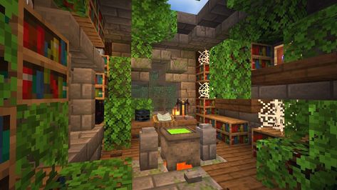 Cute Minecraft Cottage Small Interior, Witch Interiors Minecraft, Minecraft Witch Room Ideas, Witch House Minecraft Interior, Enchanting Rooms Minecraft, Small Witch House Minecraft, Witch Shop Minecraft, Minecraft Shops Ideas Interior, Minecraft Witch Interior Design