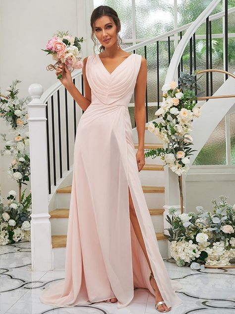 A-Line/Princess Chiffon Ruched V-neck Sleeveless Sweep/Brush Train Bridesmaid Dresses Dresses Fancy, Sleeveless Bridesmaid Dresses, فستان سهرة, Handmade Dresses, Bride Dresses, Wedding Bridesmaid Dresses, Quinceanera Dresses, Homecoming Dress, Celebrity Dresses