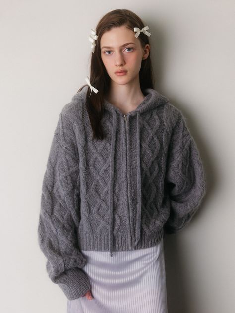 Editor's NotesThe THETIS’s Mohair Twisted Zip Up Cardigan features a hairy touch of the fabric and a loose fit with cable knit detail that creates a casual and charming mood. The mohair blended fabric is soft and cozy and the front zipper detail makes the cardigan easy and comfortable to wear.- Casual and charming mood- Cable knit design- Soft and hairy fabric- Can be styled variouslyMeasurements(in.)One Size- Shoulder: 23.03 in.- Chest: 21.65 in.- Armhole: 11.81 in.- Sleeve (hem): 22.05/4.72 in Mohair Fabric, Winter Knitwear, Zip Up Cardigan, Zipper Detail, Knitting Designs, Front Zipper, Cable Knit, Knit Crochet, New Look