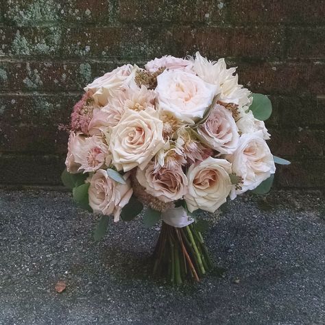 Blush and dusty rose bridal bouquet. Quicksand, Sahara and White O'Hara roses. Flowers by Tami, Chattanooga TN Desert Rose Bridal Bouquet, Desert Rose Bouquet, Quicksand Rose Bouquet, Dusty Rose Bridal Bouquet, Rustic Bride Bouquet, Dusty Rose Bouquet, Bride Bouquet Pink, Quicksand Rose, Realistic Wedding