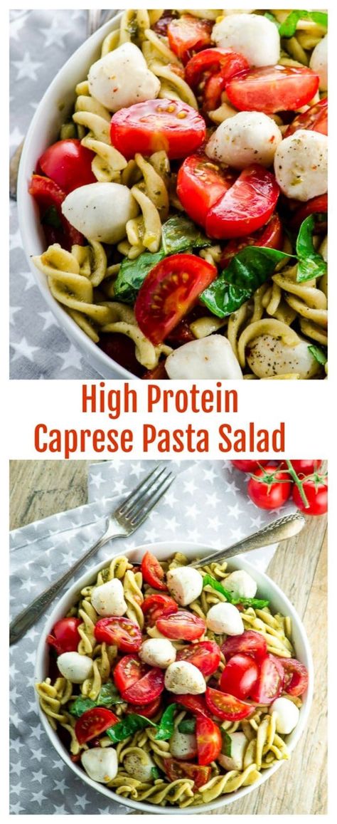 High Protein Caprese Pasta Salad - A light and fre… Pasta Salad Healthy, Protein Pasta Salad, Recipes High Protein, High Protein Pasta, Caprese Pasta Salad, Caprese Pasta, Protein Lunch, Protein Pasta, Healthy High Protein Meals