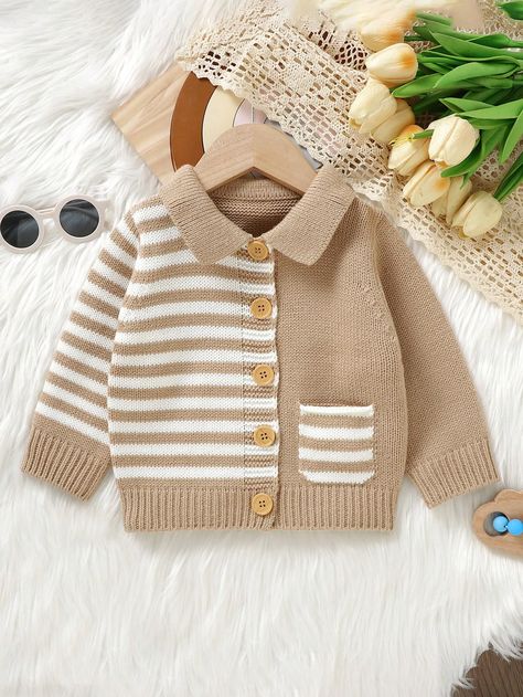 Camel  Collar Long Sleeve Knitwear Striped  Embellished Medium Stretch  Baby Boys Clothing Baby Boy Cardigan, Boys Cardigans, Baby Boy Sweater, Baby Knitwear, Crochet Bebe, Baby Sweater, Button Front Cardigan, Baby Sweaters, Boys Clothing