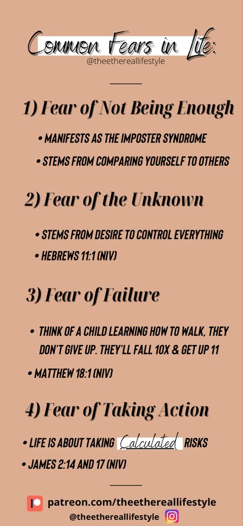 Here are 4 common fears that you may endure on your self development journey. Click the link to identify these fears ✨ Fears And Their Meanings, List Of Fears, How To Face Your Fears, Fear Acronym, Burn Ceremony, Psychology Hacks, Pisces Energy, Manifestation Prayer, Christian Advice