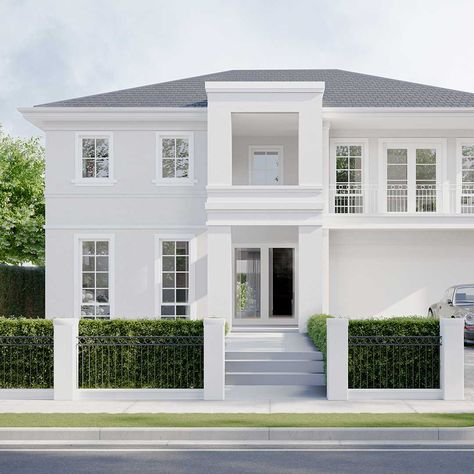 Modern Hamptons Facade, Modern French Provincial Home, Front Elevation Designs Modern, Hampton Style House, Home Front Elevation, Hamptons House Exterior, Hamptons Interior, Hamptons Style Home, Georgian Style Homes