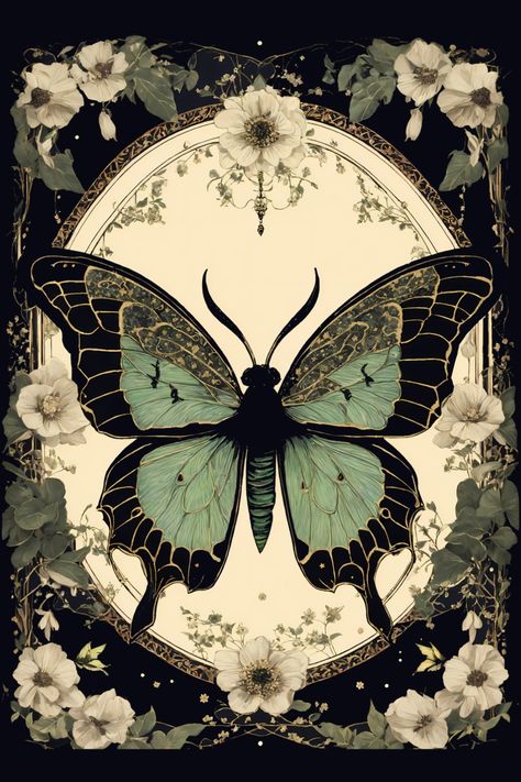 Butterfly With Floral Ornament T-Shirt Art Phone Backgrounds, Butterfly Painting Aesthetic, Luna Moth Wallpaper, Art Deco Butterfly, Moon Flowers, Tattoo Background, Moth Art, Beautiful Butterflies Art, Creative Wall Art